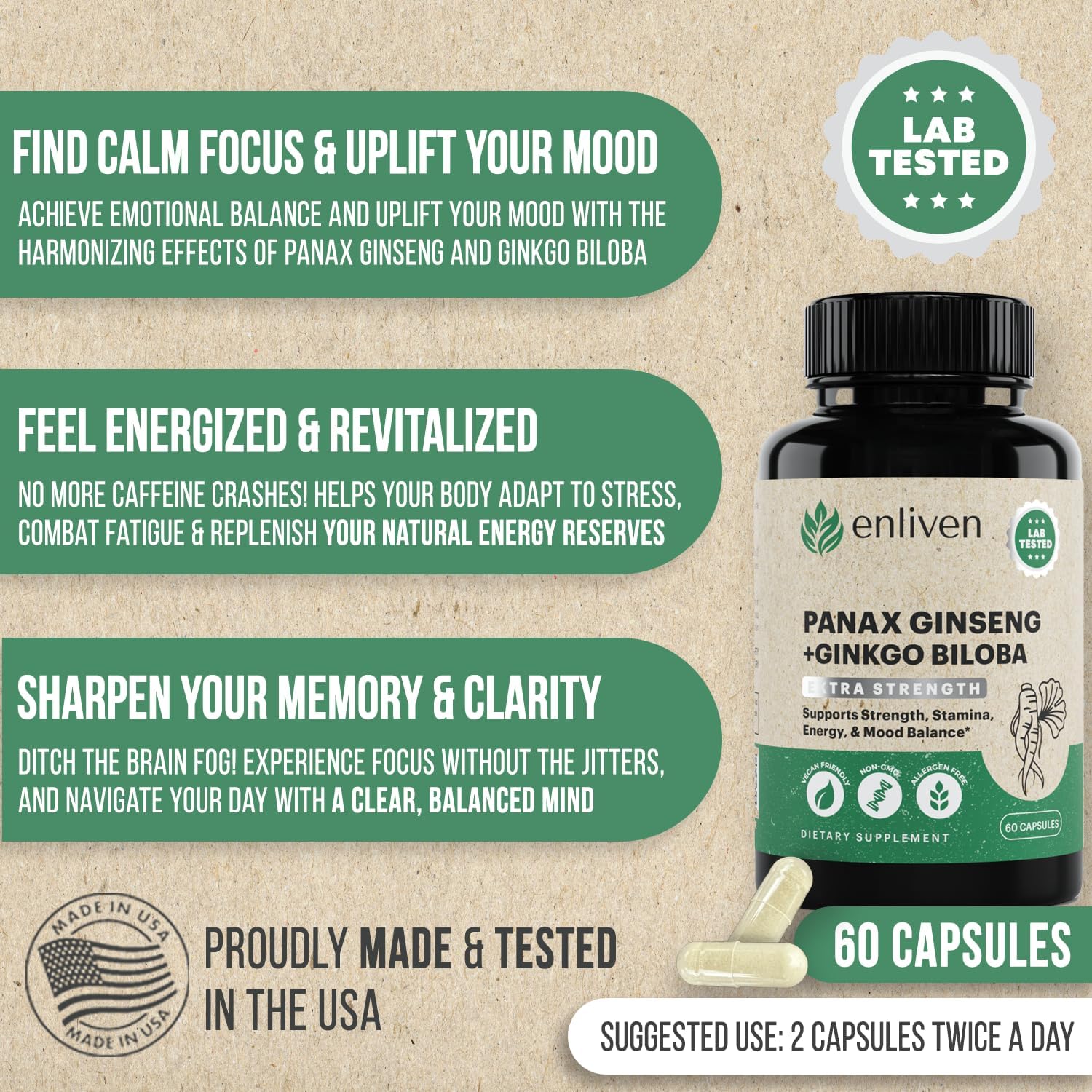 Korean Panax Ginseng & Ginkgo Biloba Supplement for Immune Support and Stress Relief - 60 Capsules USA Made