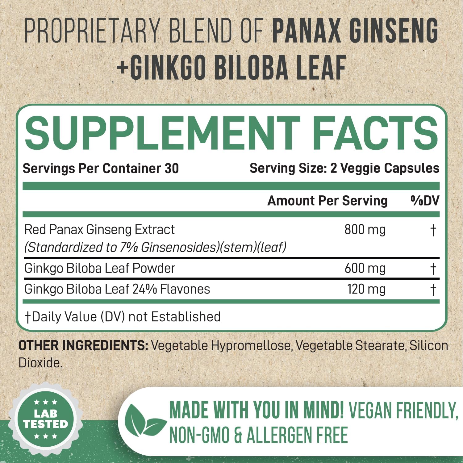Korean Panax Ginseng & Ginkgo Biloba Supplement for Immune Support and Stress Relief - 60 Capsules USA Made