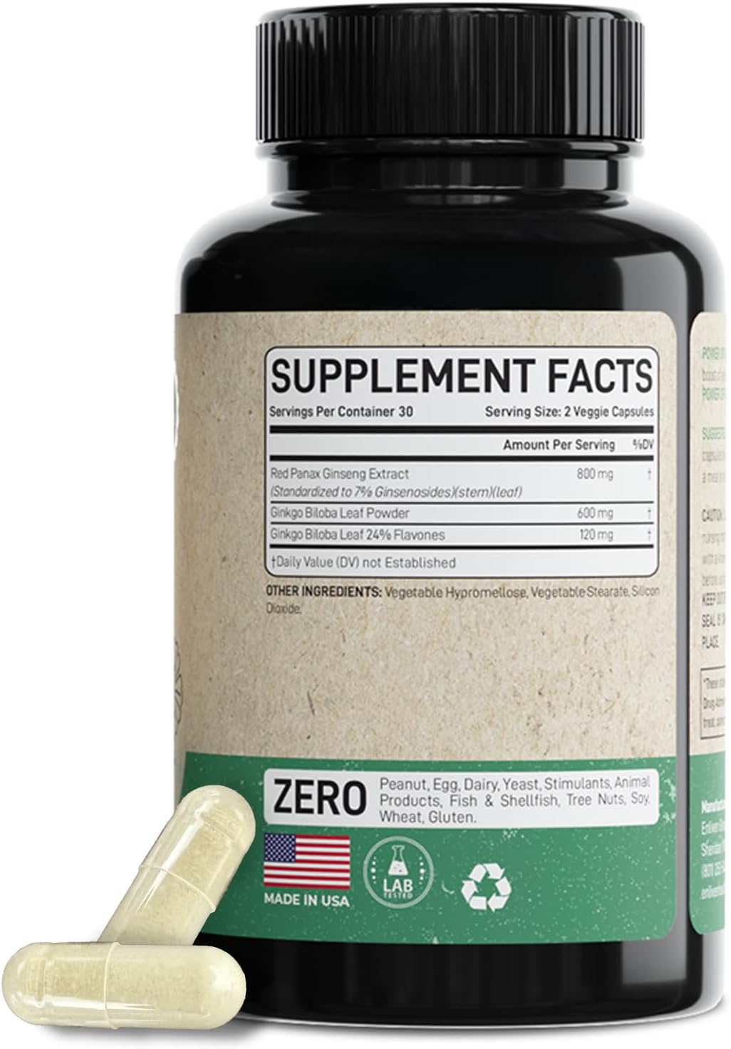 Korean Panax Ginseng & Ginkgo Biloba Supplement for Immune Support and Stress Relief - 60 Capsules USA Made