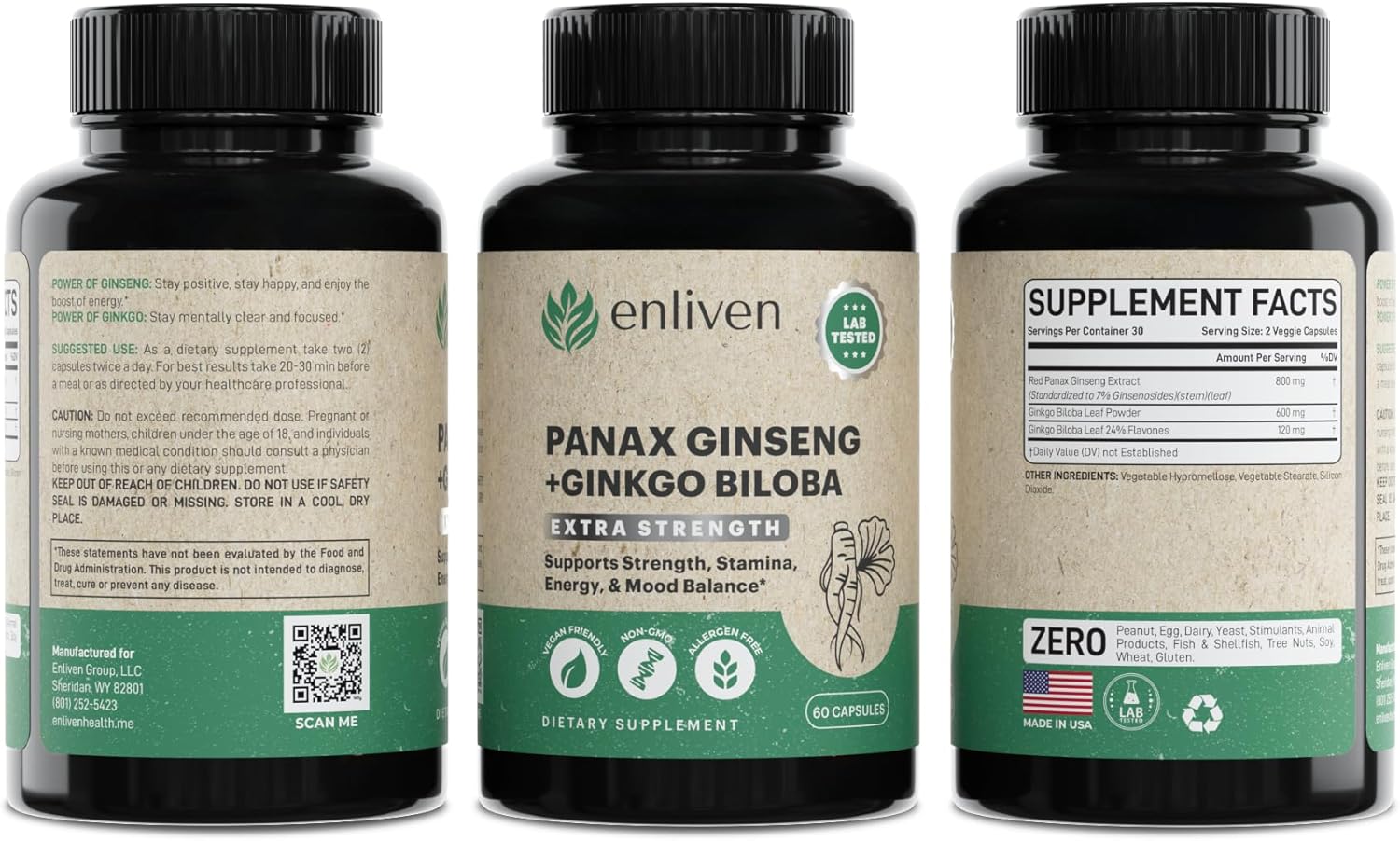 Korean Panax Ginseng & Ginkgo Biloba Supplement for Immune Support and Stress Relief - 60 Capsules USA Made
