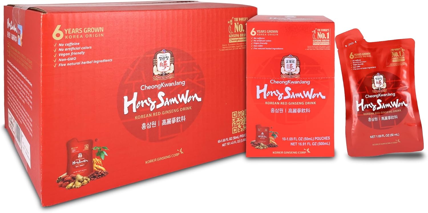 Korean Red Ginseng Energy Drink with Jujube and Goji Berry Extract - Herbal Tea Supplement for Pre Workout - Vegan Friendly - 60 Count