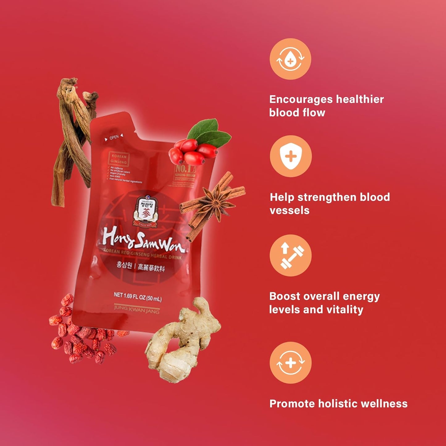 Korean Red Ginseng Energy Drink with Jujube and Goji Berry Extract - Herbal Tea Supplement for Pre Workout - Vegan Friendly - 60 Count