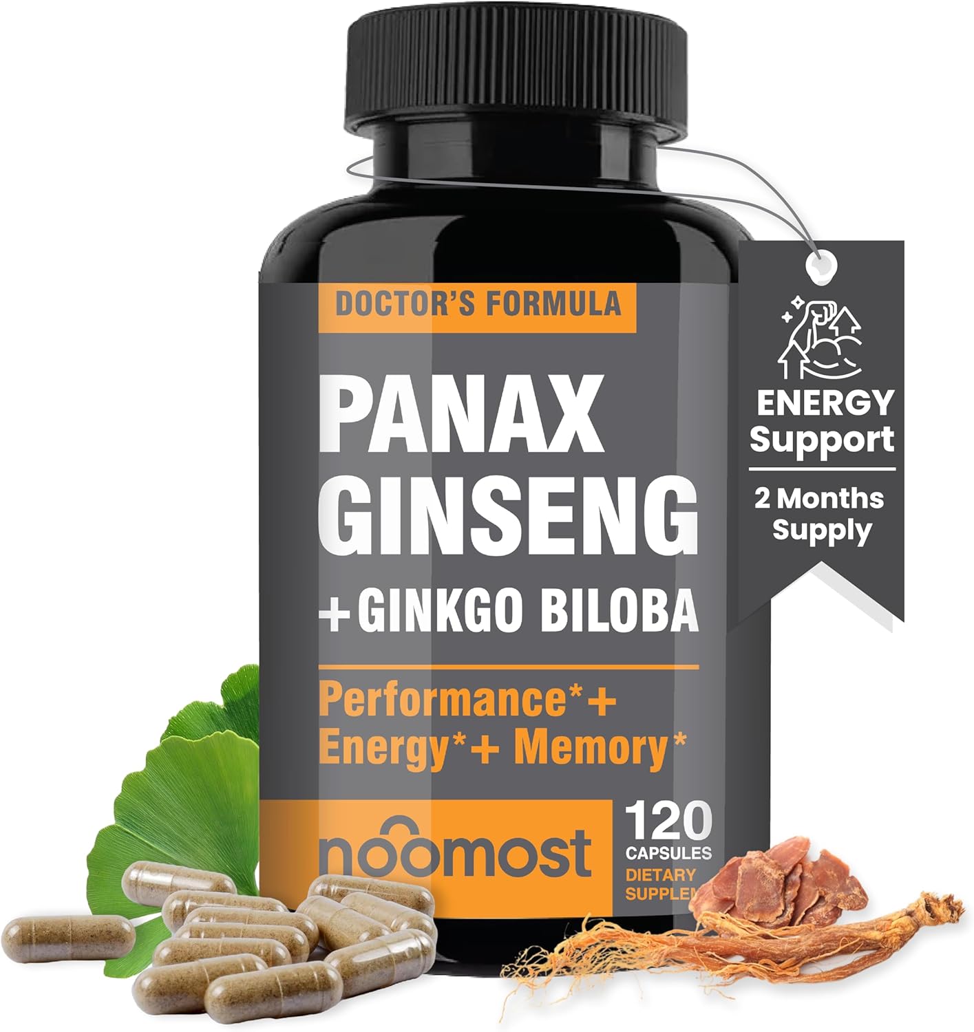 Korean Red Panax Ginseng and Ginkgo Biloba Capsules for Energy and Focus - 120 Vegan Capsules with Ginseng Root Extract Powder (1000mg) and Gingko Biloba (60mg) - Men and Women's Supplement with 10% Ginsenosides