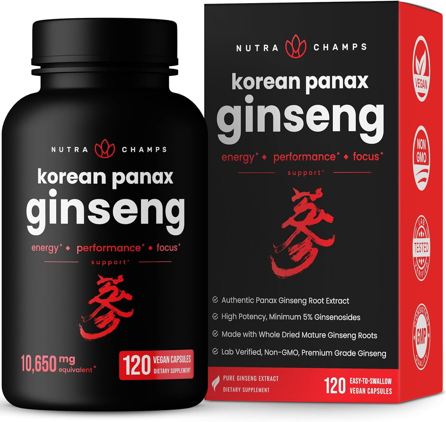 Korean Red Panax Ginseng Capsules - High-Strength Ginsenosides for Energy, Focus, Performance, Vitality & Immune Support - 120 Capsules