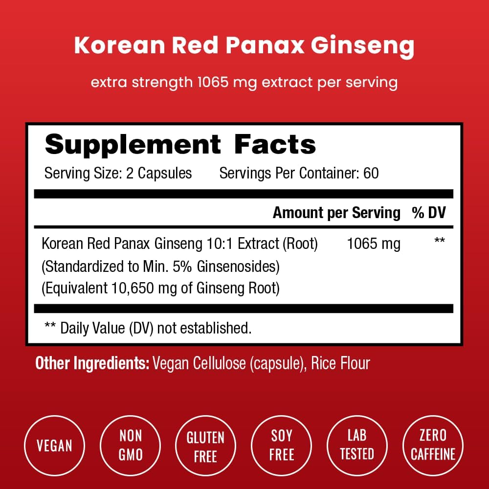 Korean Red Panax Ginseng Capsules - High-Strength Ginsenosides for Energy, Focus, Performance, Vitality & Immune Support - 120 Capsules