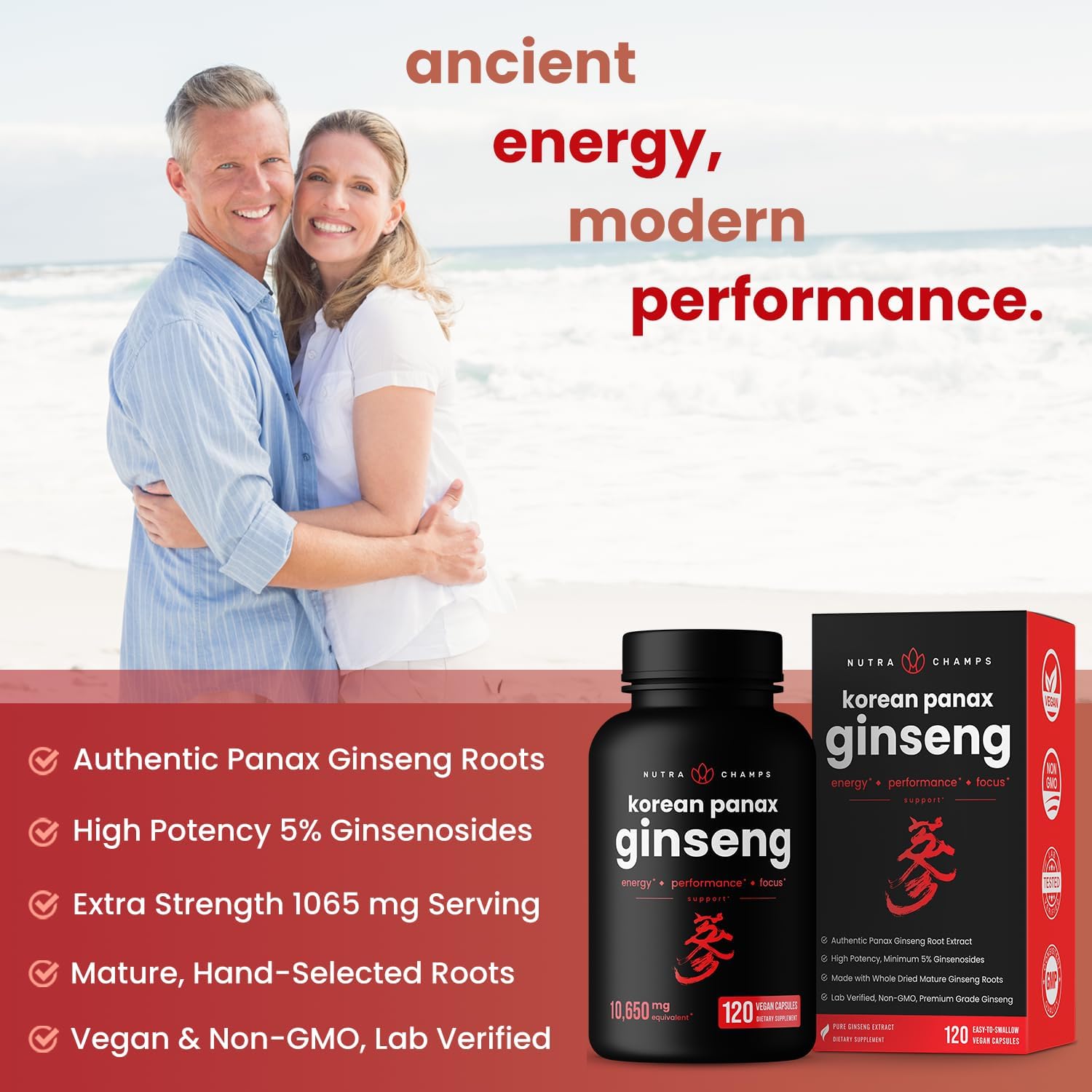 Korean Red Panax Ginseng Capsules - High-Strength Ginsenosides for Energy, Focus, Performance, Vitality & Immune Support - 120 Capsules