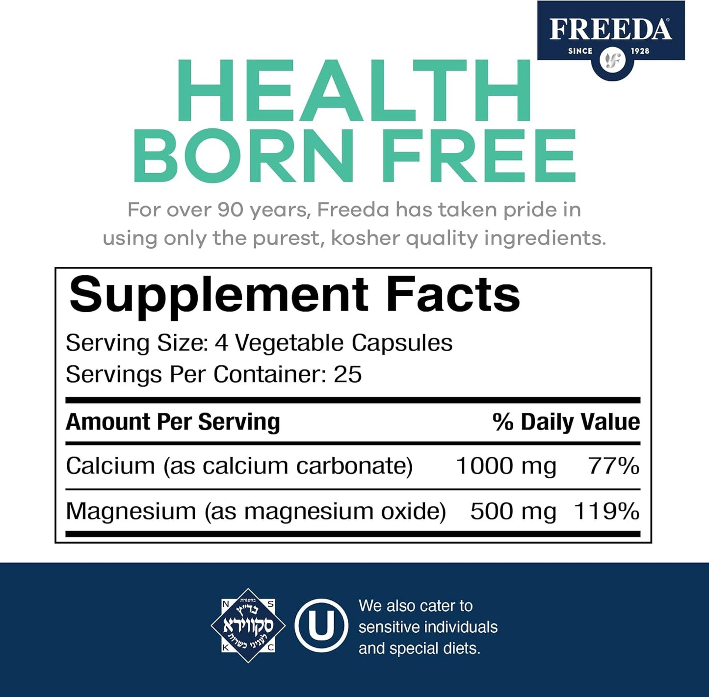 Kosher Cal/Mag Calcium Magnesium Supplement for Bone & Joint Support - Vegetarian/Vegan Friendly - 100 Capsules