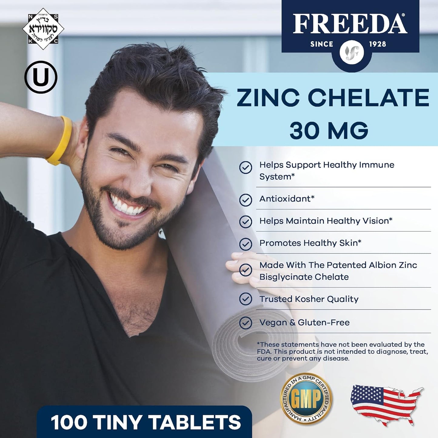 Kosher Chelated Zinc Supplement: 30mg Tablets with Albion TRAACS Zinc Bisglycinate - Pure Zinc for Men & Women - 100 Tablets