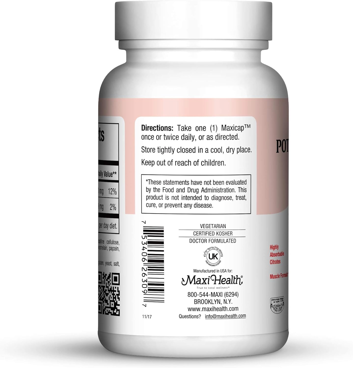 Kosher Maxi Health Potassium Magnesium Capsules for Energy, Heart, and Muscle Support - 90 Count