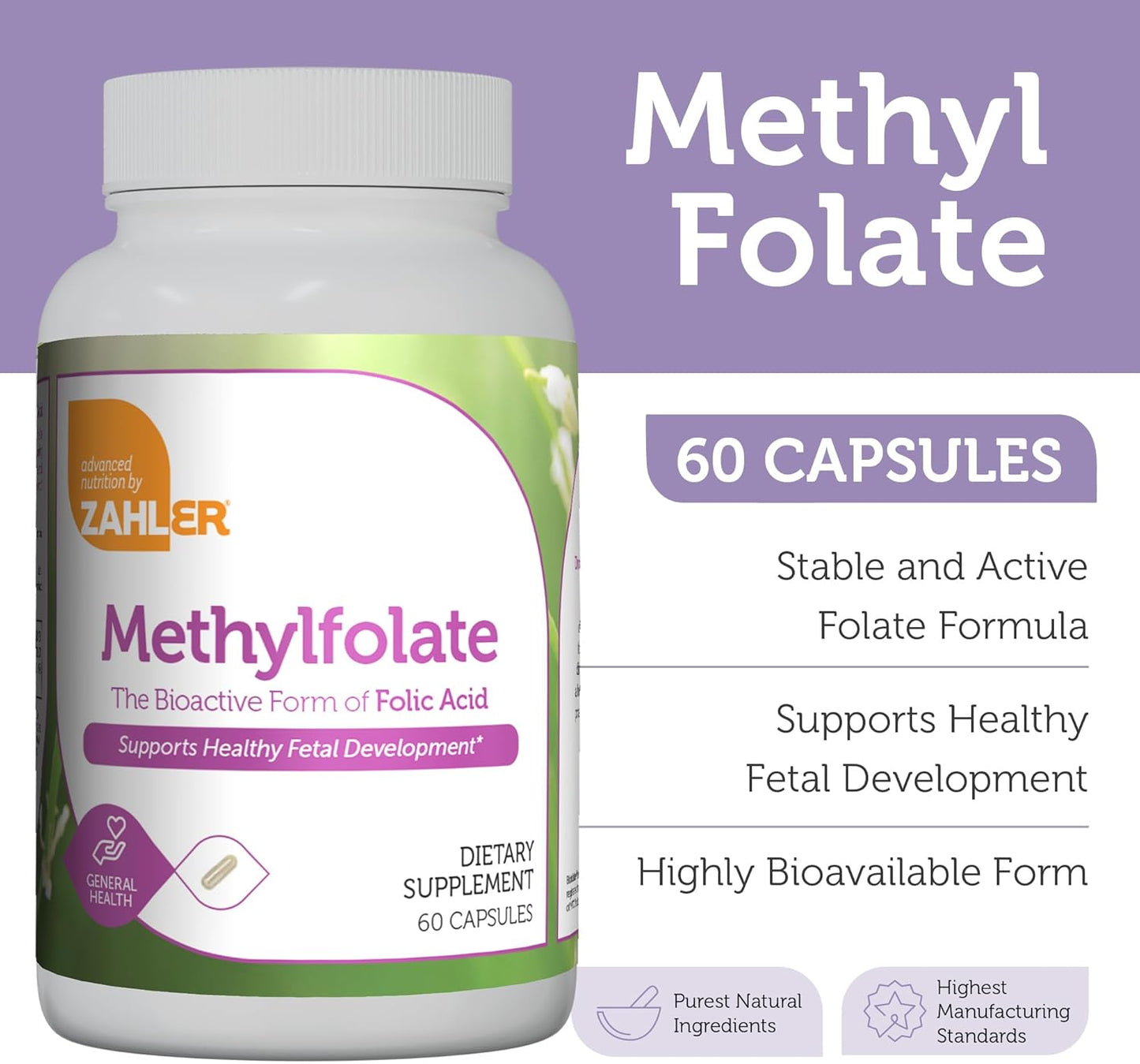 Kosher Non GMO Methyl Folate Supplement for Women - Supports Fetal Development & Genetic Health - 1000 mcg DFE L-Methylfolate - 60 Capsules