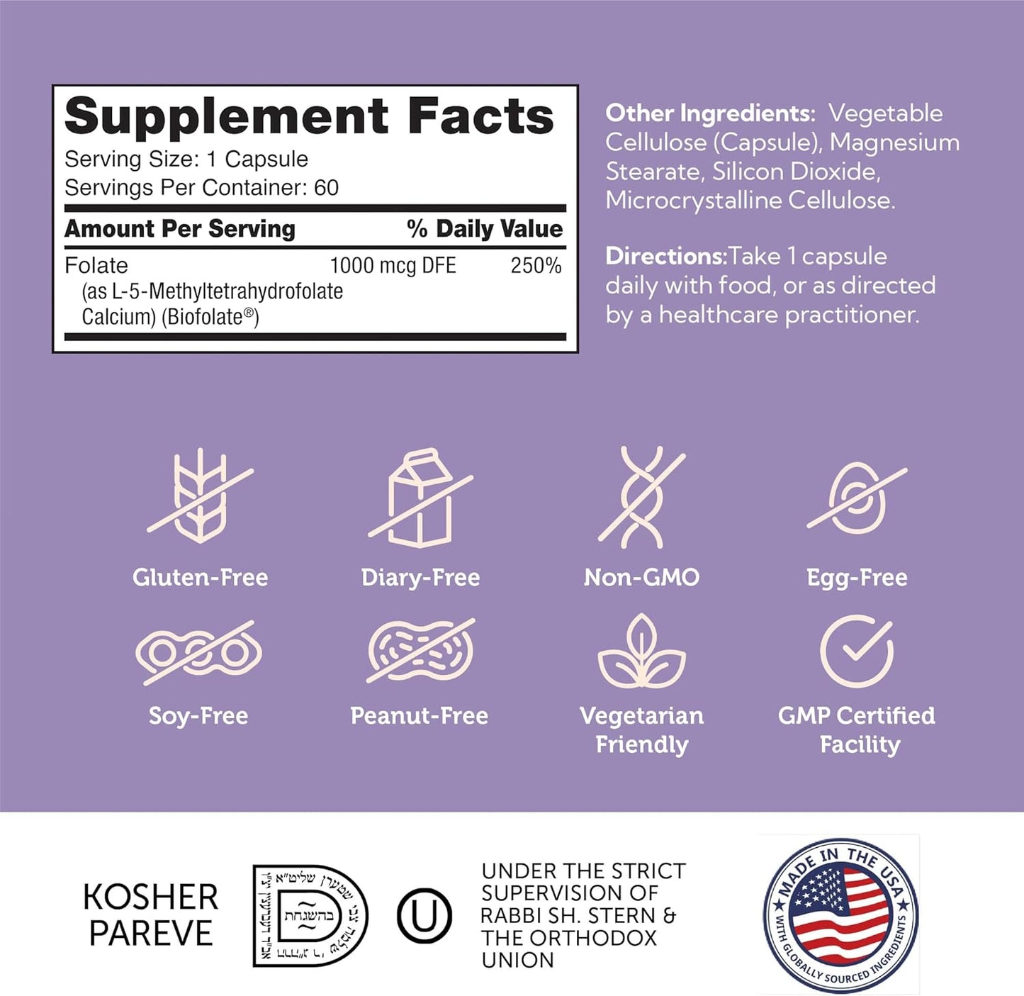 Kosher Non GMO Methyl Folate Supplement for Women - Supports Fetal Development & Genetic Health - 1000 mcg DFE L-Methylfolate - 60 Capsules