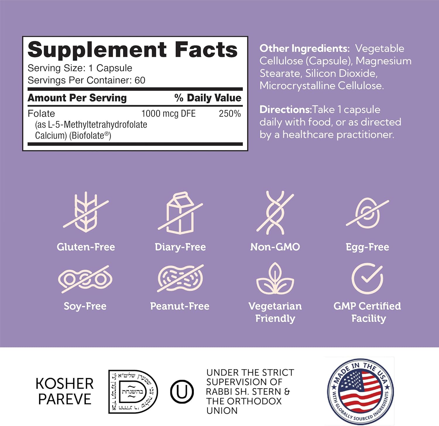 Kosher Non GMO Methyl Folate Supplement for Women - Supports Fetal Development & Genetic Health - 1000 mcg DFE L-Methylfolate - 60 Capsules