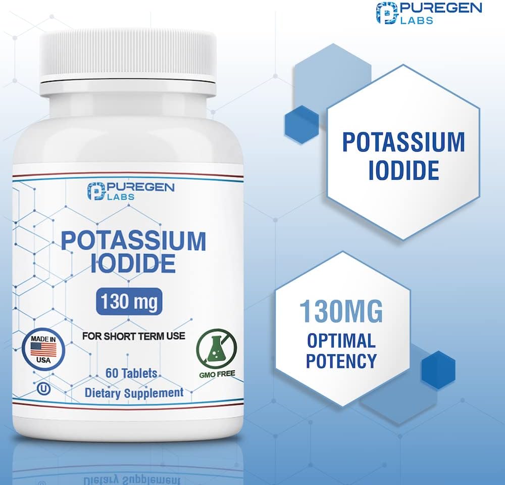 Kosher Potassium Iodide Tablets 130mg - Thyroid Support Supplement (60 Tablets) by Puregen Labs