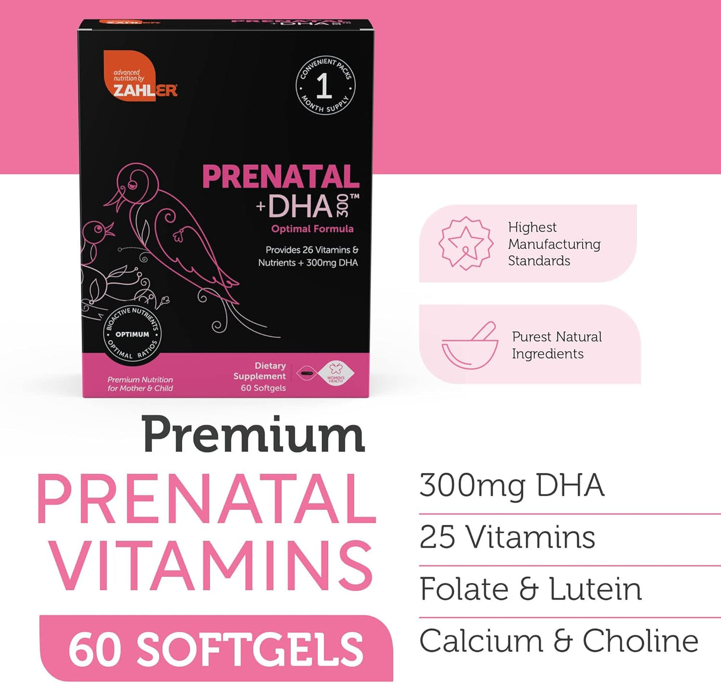 Kosher Prenatal DHA Vitamin with Folate & Iron - 60 Softgel Count - Essential DHA Supplements for Mother and Child