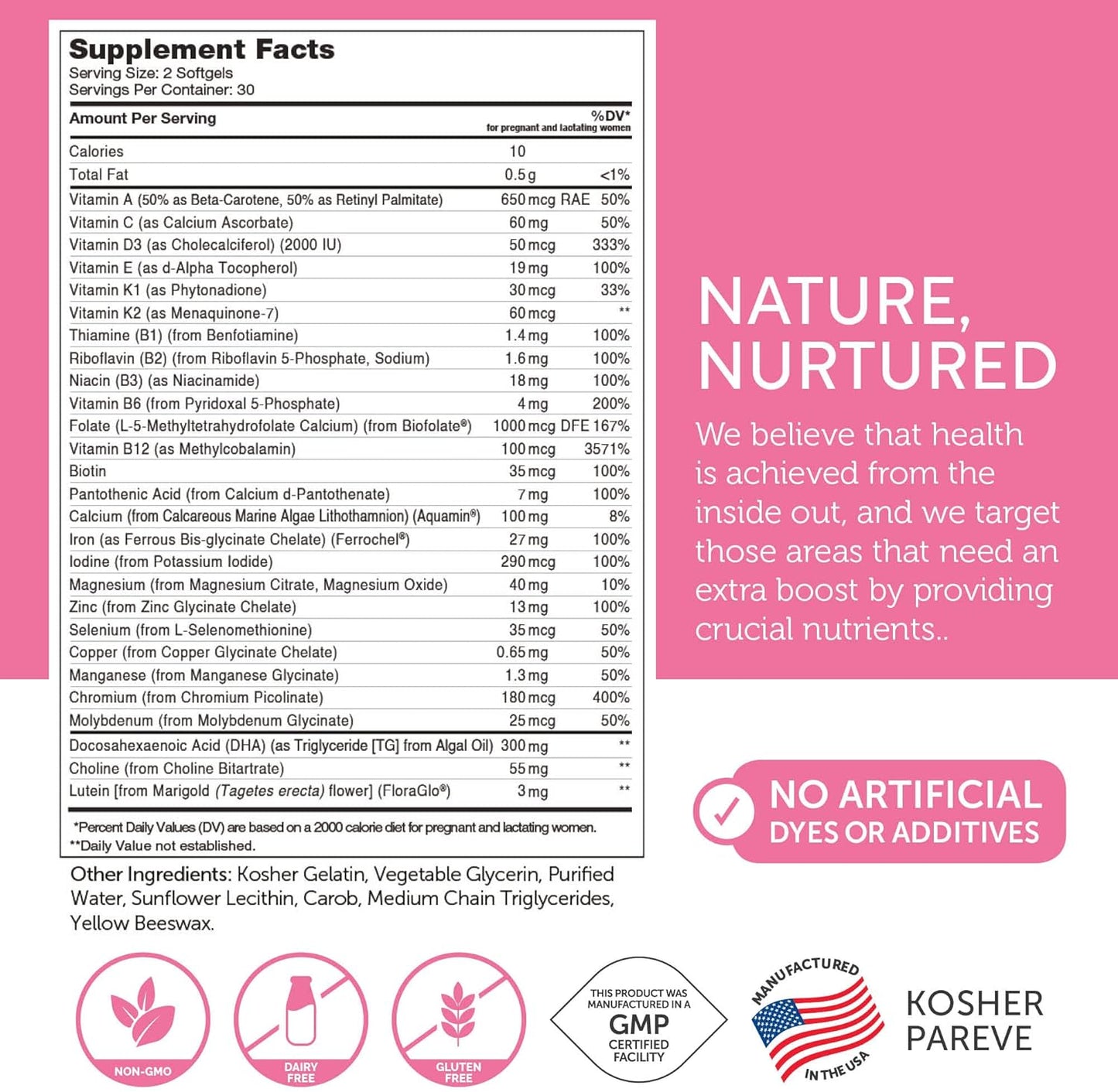 Kosher Prenatal DHA Vitamin with Folate & Iron - 60 Softgel Count - Essential DHA Supplements for Mother and Child