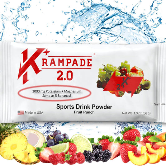 Krampade 2.0 2K Electrolyte Drink Powder: 50mg Magnesium + 2000mg Potassium for Cramp Relief, Faster Recovery, Slower Fatigue, Optimized Hydration - 20 Single-Serving Packets (Fruit Punch)