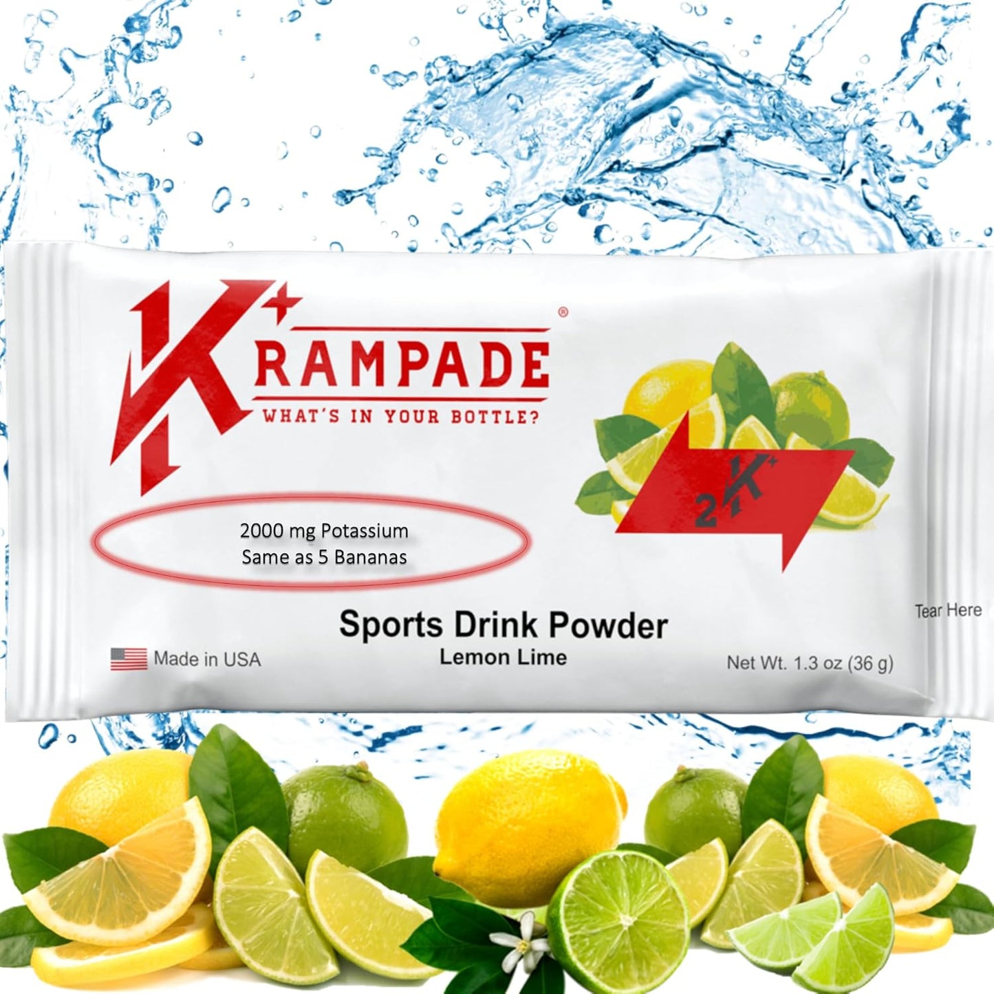 Krampade Original 2K - High Potassium Electrolyte Drink Powder for Cramp Relief and Hydration - 20 Packets Lemon Lime Flavor