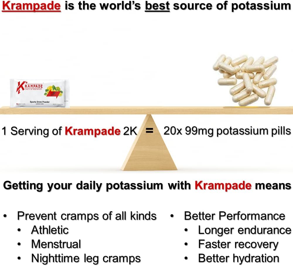 Krampade Original 2K - High Potassium Electrolyte Drink Powder for Cramp Relief and Hydration - 20 Packets Lemon Lime Flavor