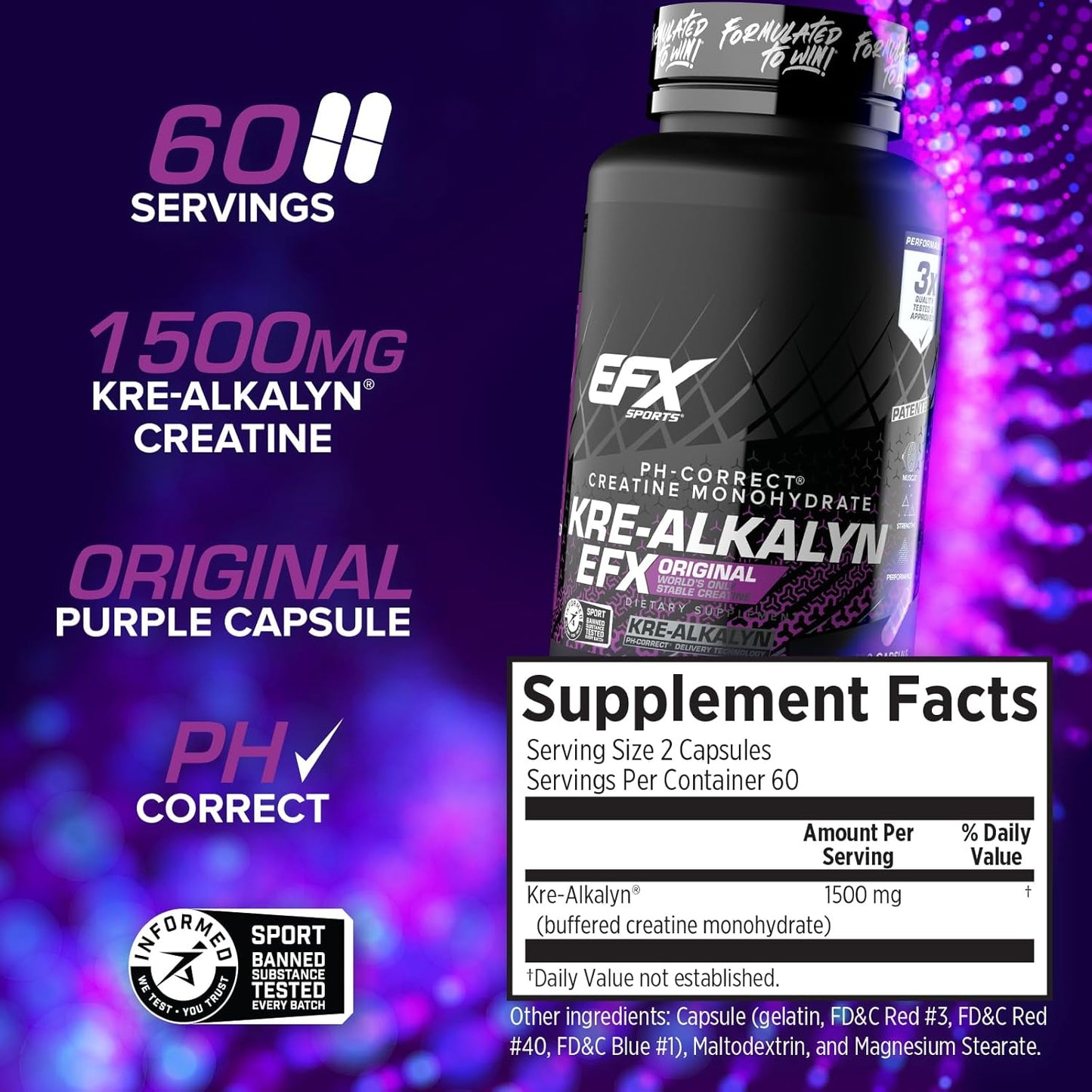 Kre-Alkalyn EFX Creatine Monohydrate Capsules | pH Balanced Supplement for Strength & Muscle Growth | 60 Servings