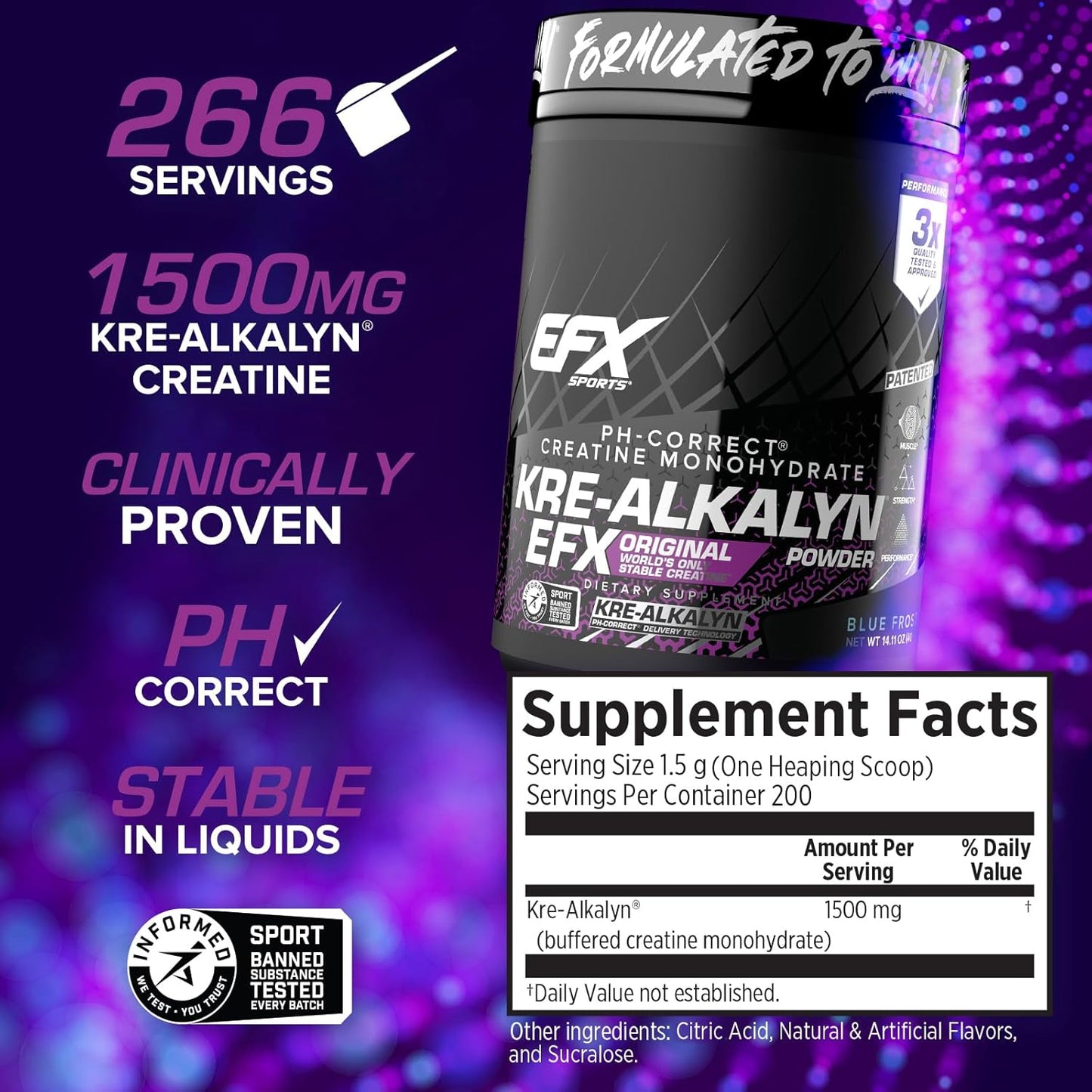 Kre-Alkalyn EFX Powder: pH-Correct Creatine Monohydrate for Strength & Muscle Growth - Blue Frost, 200 Servings