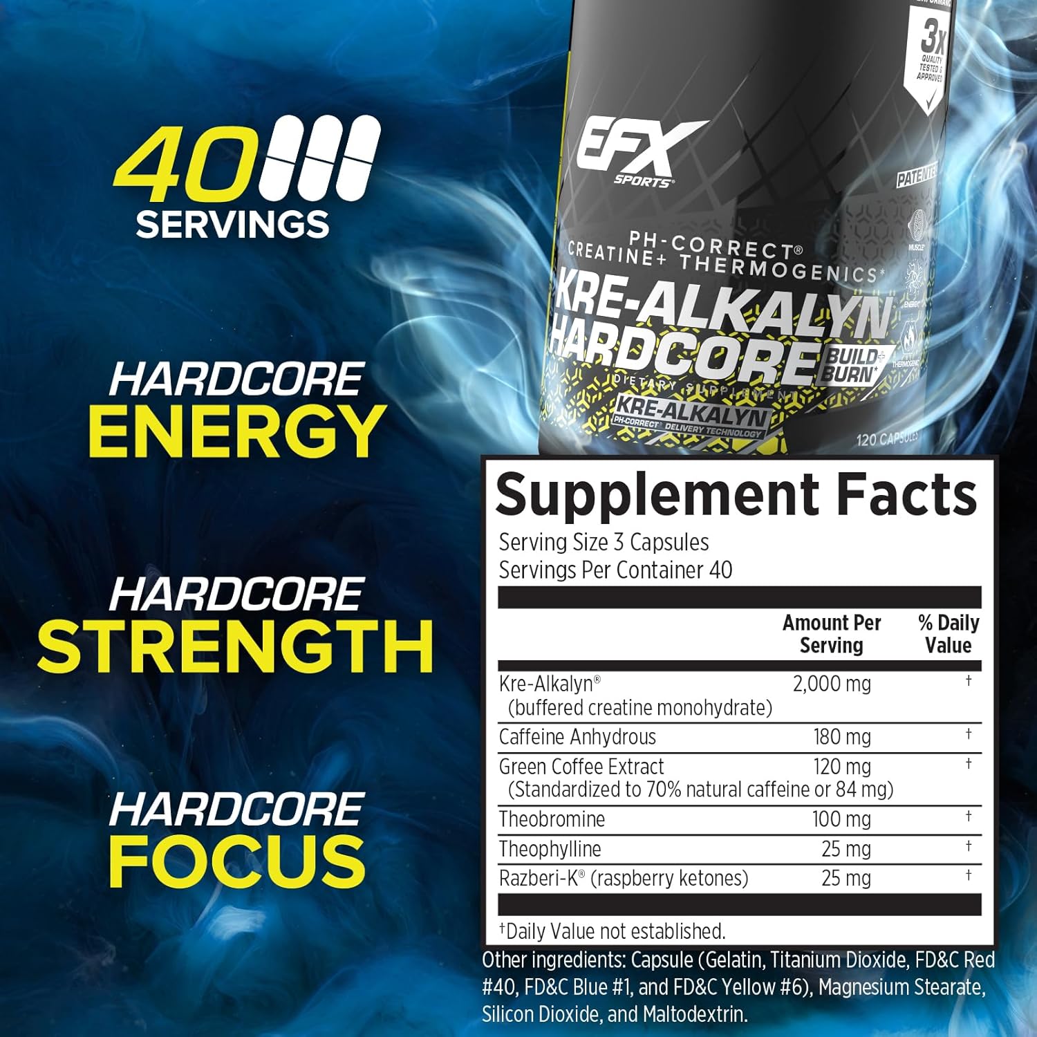 Kre-Alkalyn Hardcore Thermogenic Creatine Monohydrate Pill Supplement | Energy & Strength Pre Workout | 40 Servings
