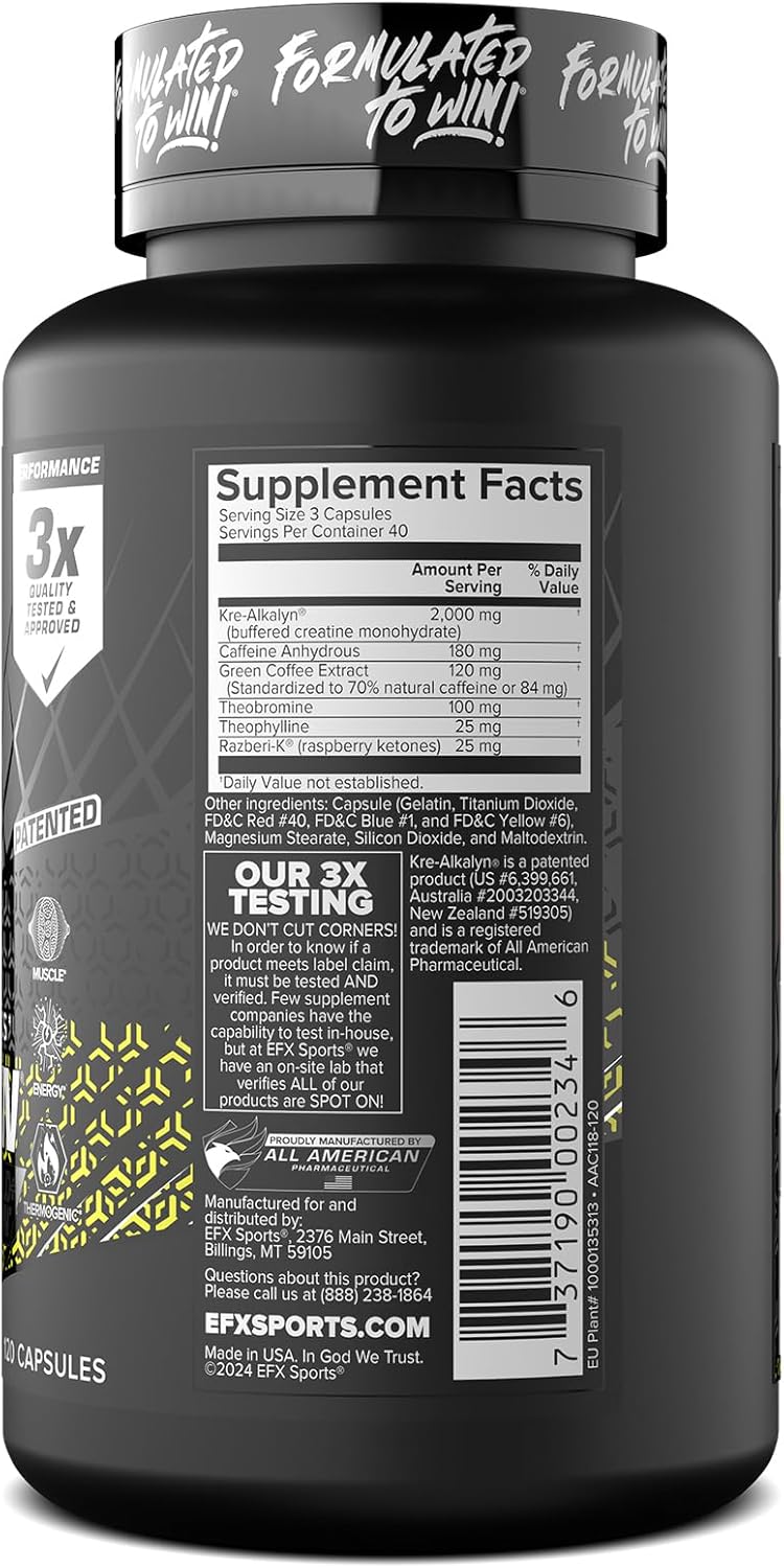Kre-Alkalyn Hardcore Thermogenic Creatine Monohydrate Pill Supplement | Energy & Strength Pre Workout | 40 Servings