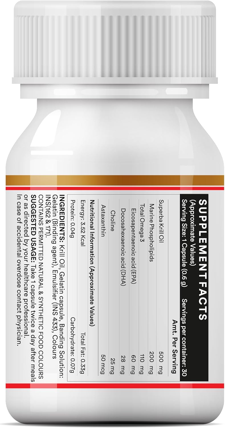 Krill Oil Supplement with Phospholipid Omega 3 and Astaxanthin - 500mg, 30 Capsules for Heart Health