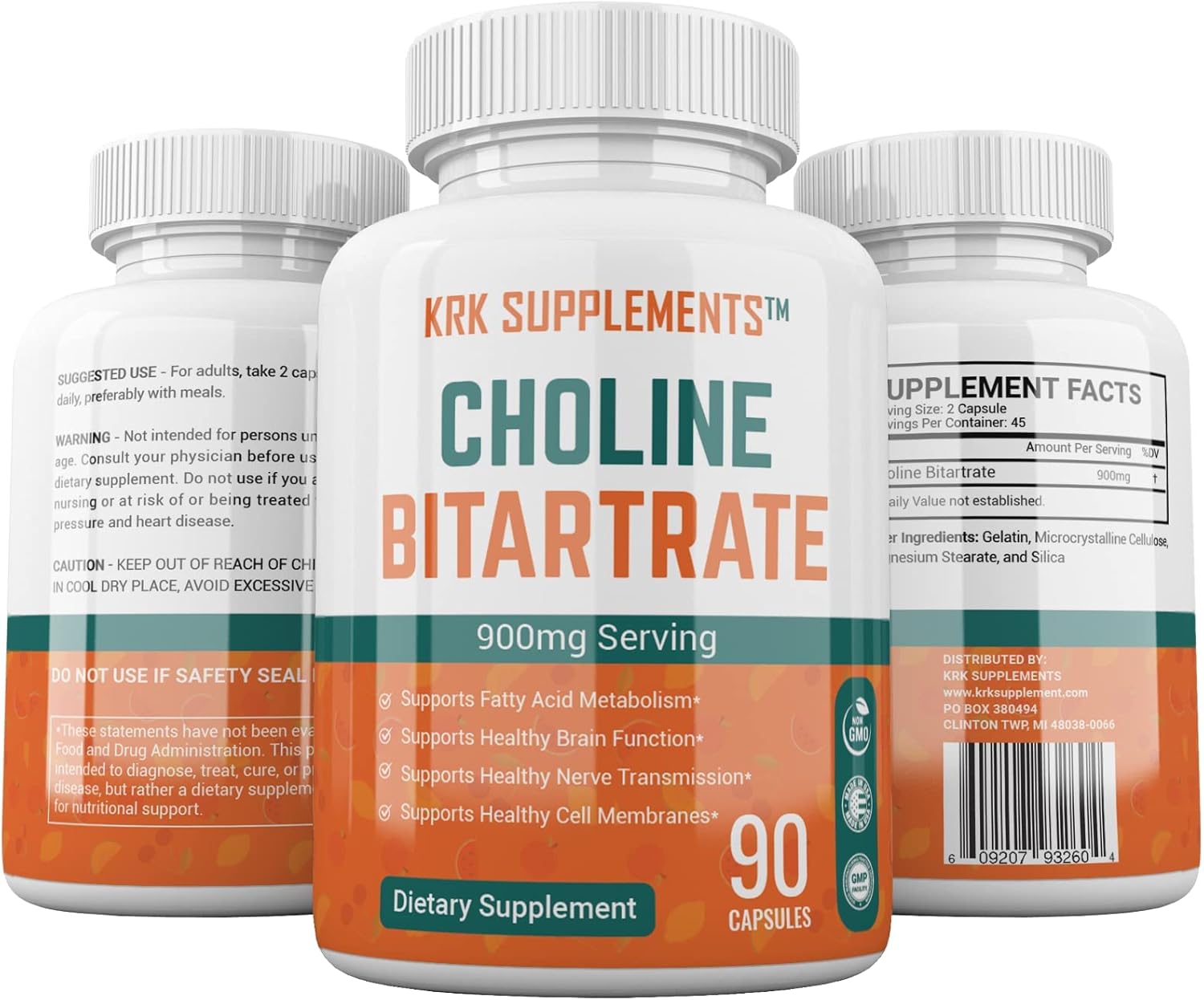 KRK SUPPLEMENTS Choline Bitartrate 900mg Bundle Combo - 3 Bottles