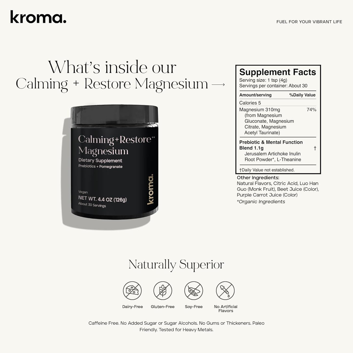 KROMA Tart Pomegranate Magnesium Supplement Powder Drink Mix for Sleep, Calm, Relaxation - Gluten Free, Muscle Recovery Support - 30 Servings