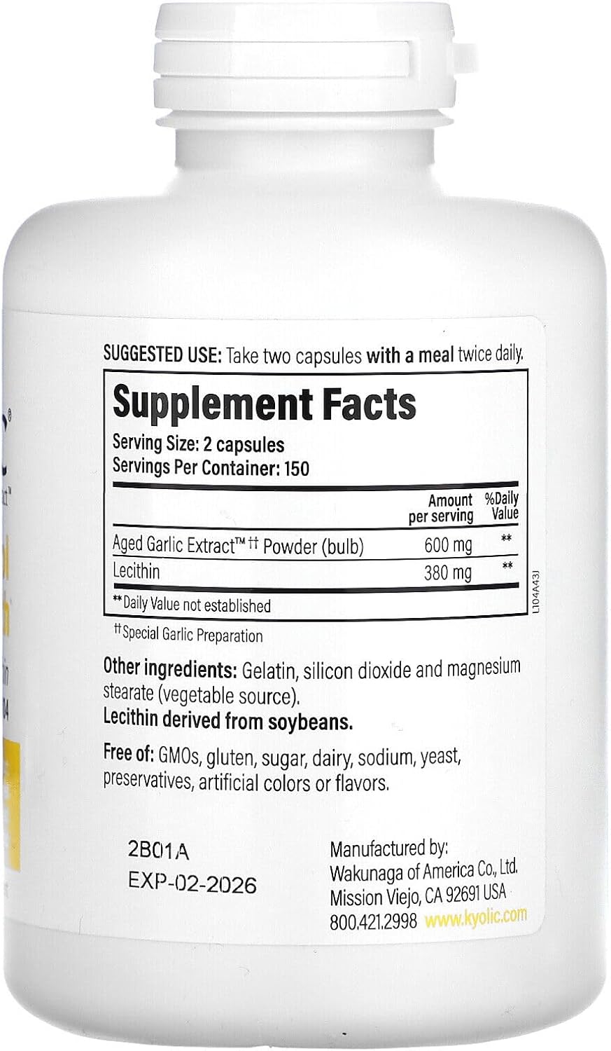 Kyolic #104 Garlic Extract with Lecithin 300 Capsules - Immune Support and Heart Health