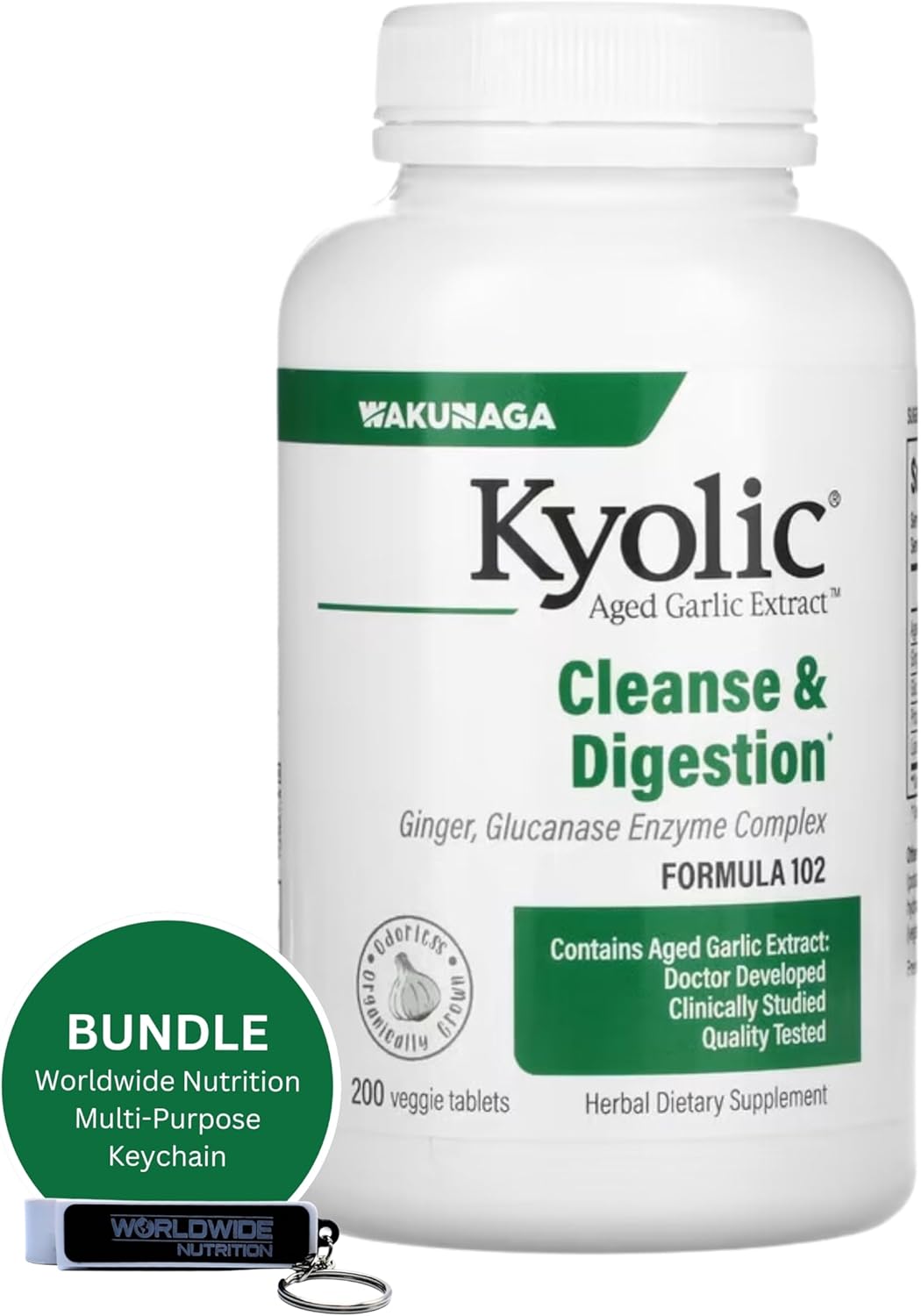 Kyolic Aged Garlic Extract 200 Veggie Tablets Formula 102 Bundle with Garlic Ginger Supplement - Worldwide Nutrition - 200 Count Pack with Key Chain