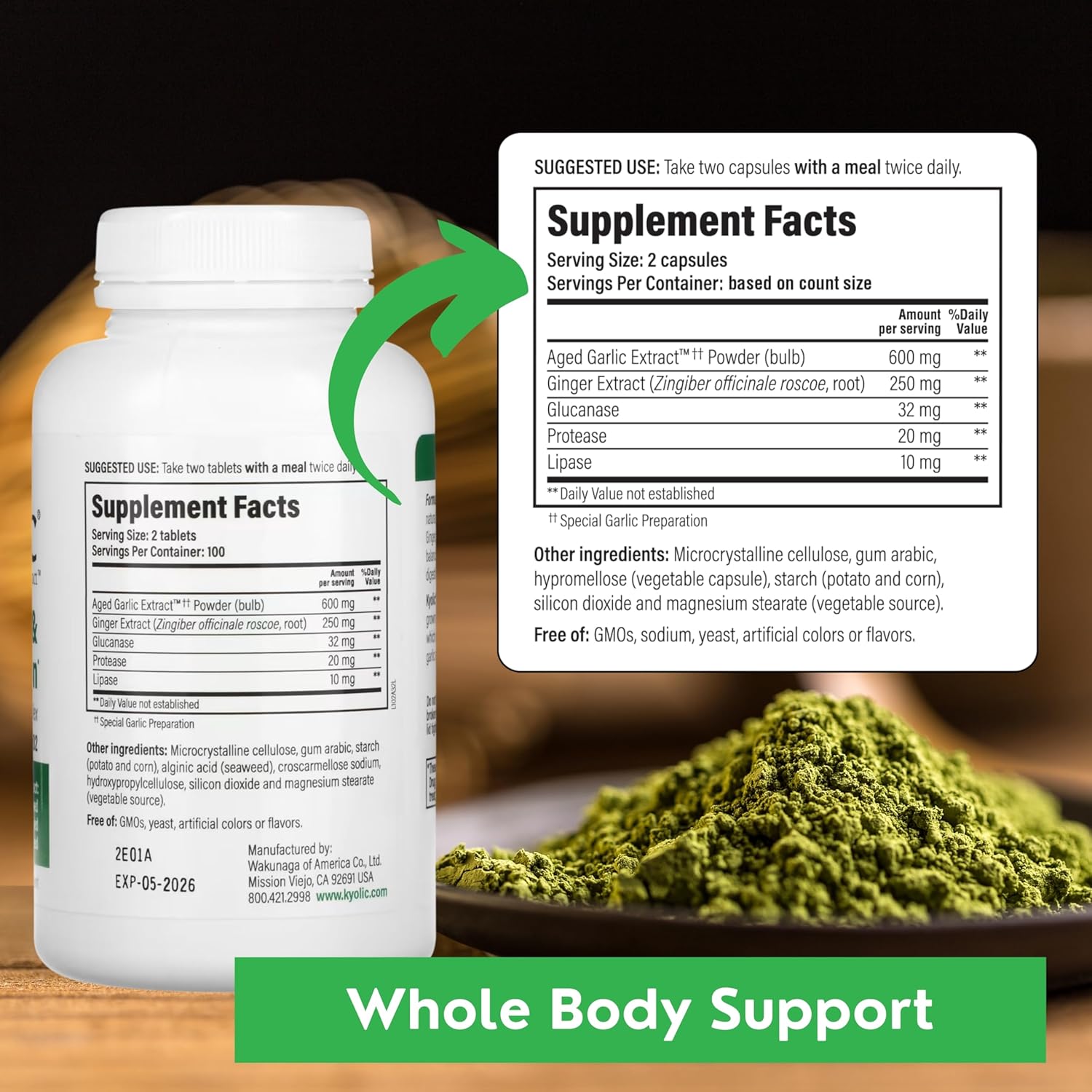 Kyolic Aged Garlic Extract 200 Veggie Tablets Formula 102 Bundle with Garlic Ginger Supplement - Worldwide Nutrition - 200 Count Pack with Key Chain