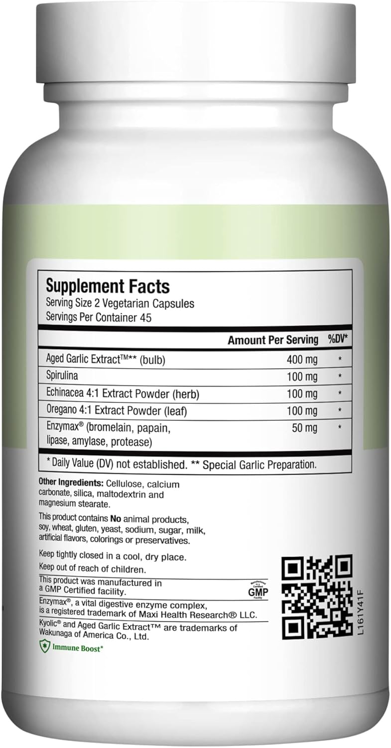 Kyolic Aged Garlic Extract Capsules with Spirulina, Echinacea, Oregano (90 Count) - Natural Antioxidant Supplement for Wellness Support