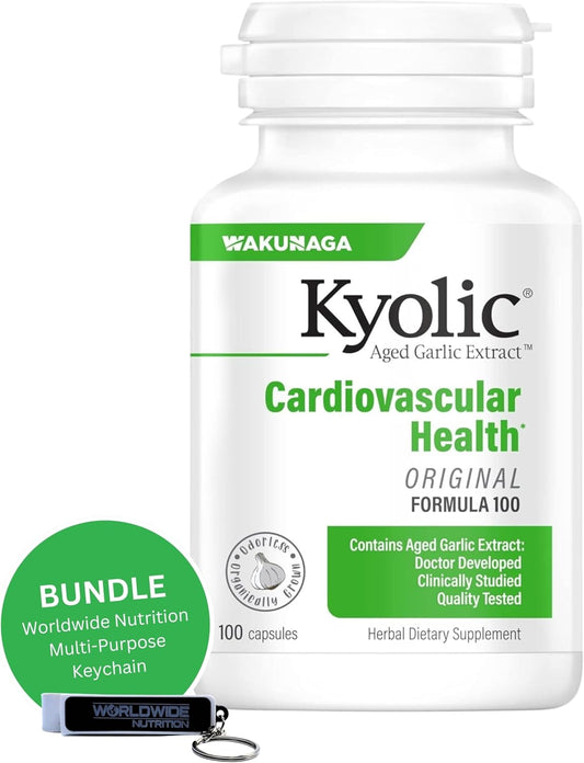 Kyolic Aged Garlic Extract Formula 100 Capsules Bundle with Multi-Purpose Key Chain - Worldwide Nutrition