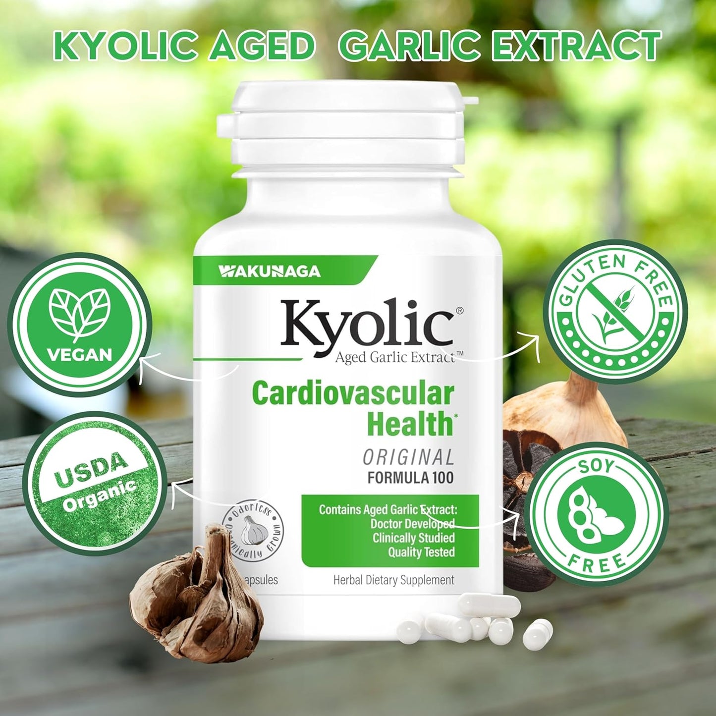 Kyolic Aged Garlic Extract Formula 100 Capsules Bundle with Multi-Purpose Key Chain - Worldwide Nutrition