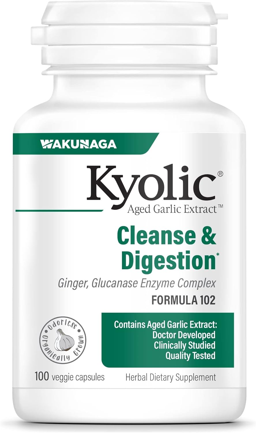 Kyolic Aged Garlic Extract Formula 102 with Ginger and Glucanase Enzyme, 100 Vegetarian Capsules