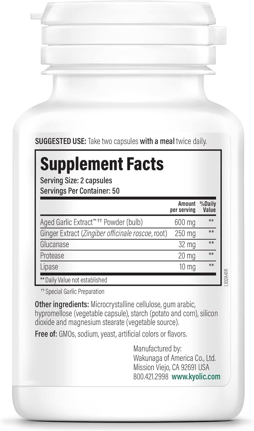 Kyolic Aged Garlic Extract Formula 102 with Ginger and Glucanase Enzyme, 100 Vegetarian Capsules