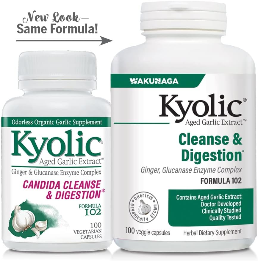 Kyolic Aged Garlic Extract Formula 102 with Ginger and Glucanase Enzyme, 100 Vegetarian Capsules