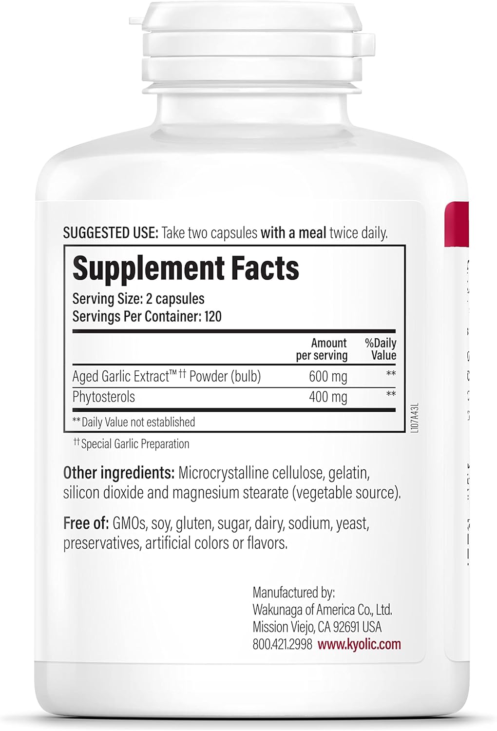 Kyolic Aged Garlic Extract Formula 107 with Phytosterols Capsules - 240 Count for Cholesterol Support