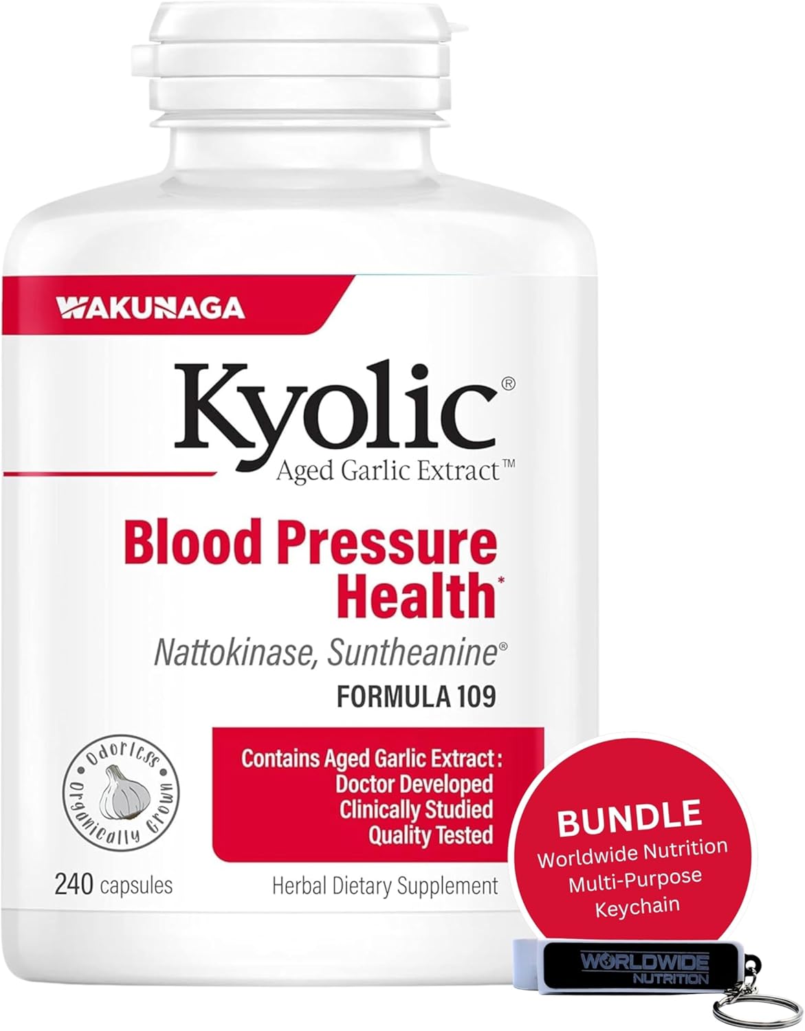 Kyolic Aged Garlic Extract Formula 109 Bundle: Blood Pressure Support, 240 Capsules + Multi-Purpose Key Chain