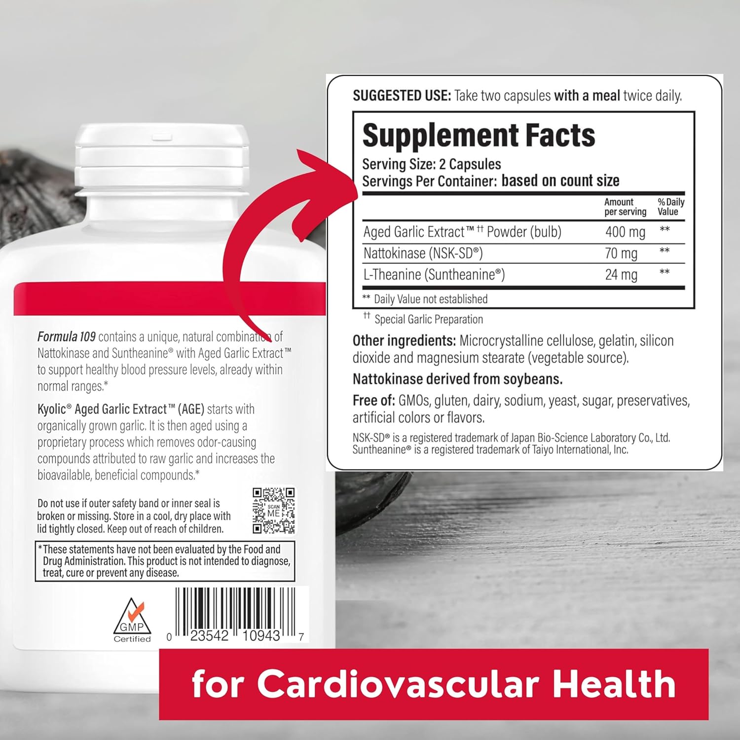 Kyolic Aged Garlic Extract Formula 109 Bundle: Blood Pressure Support, 240 Capsules + Multi-Purpose Key Chain