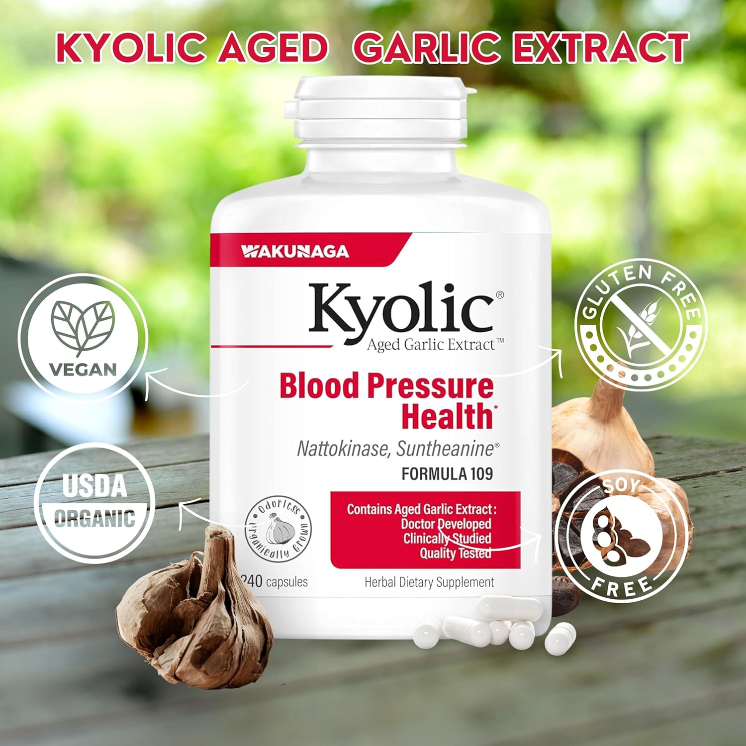 Kyolic Aged Garlic Extract Formula 109 Bundle: Blood Pressure Support, 240 Capsules + Multi-Purpose Key Chain