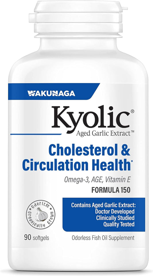 Kyolic Aged Garlic Extract Formula 150 for Cholesterol & Circulation Support with Omega-3 - 90 Soft Gels