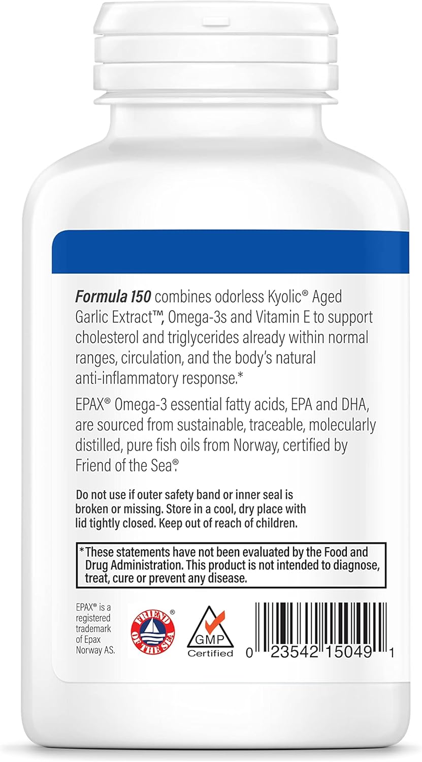 Kyolic Aged Garlic Extract Formula 150 for Cholesterol & Circulation Support with Omega-3 - 90 Soft Gels