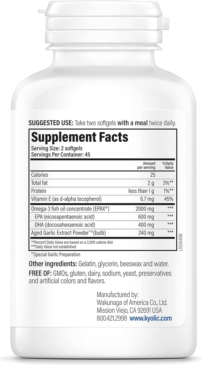 Kyolic Aged Garlic Extract Formula 150 for Cholesterol & Circulation Support with Omega-3 - 90 Soft Gels