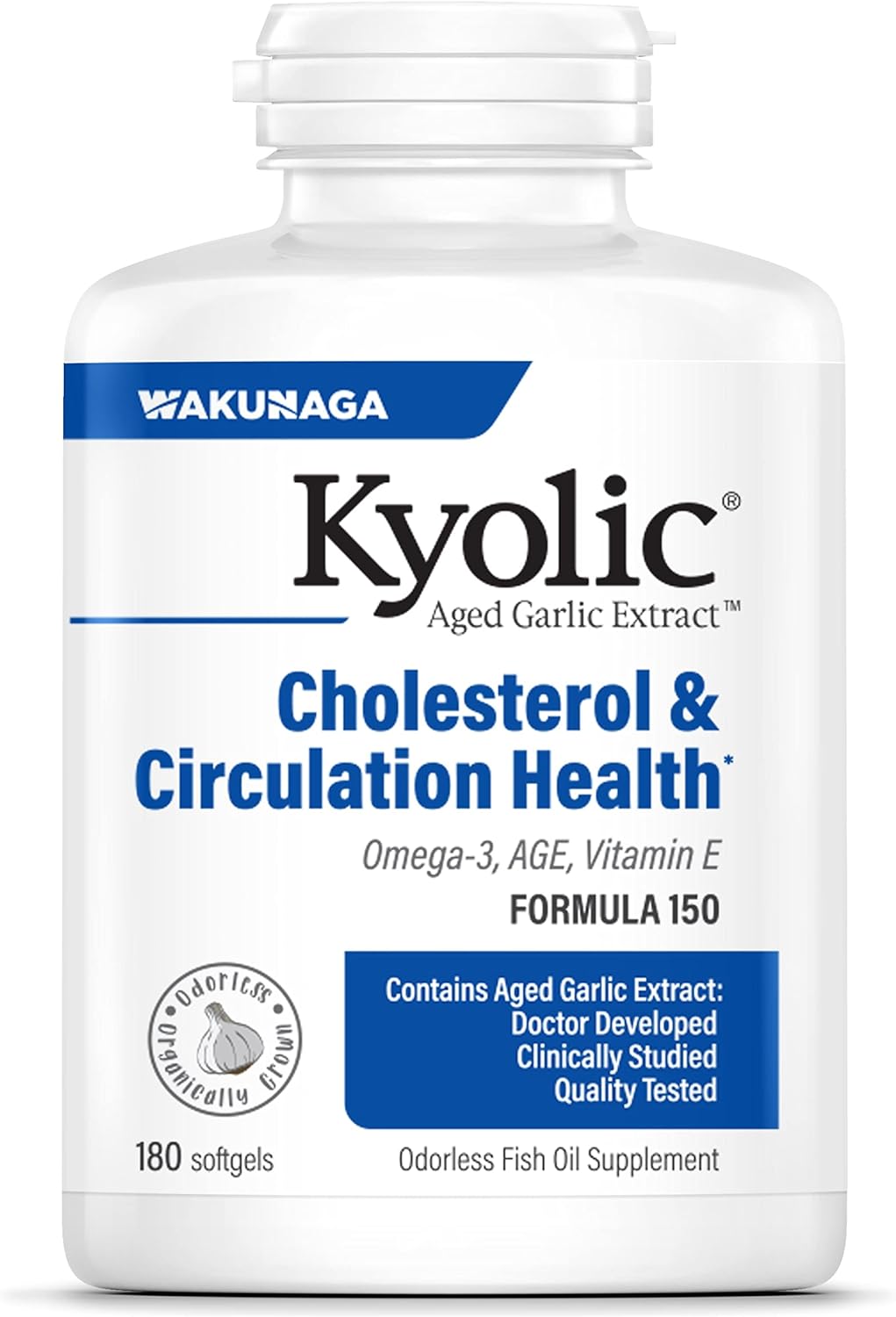 Kyolic Aged Garlic Extract Formula 150 with Omega-3 for Cholesterol and Circulation Health - 180 Soft Gels