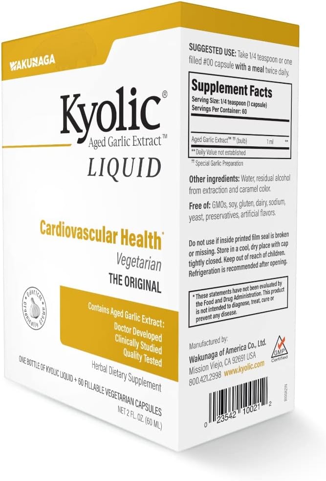 Kyolic Aged Garlic Extract Liquid Vegetarian Cardiovascular Supplement - 2oz Bottle with 60 Refillable Capsules