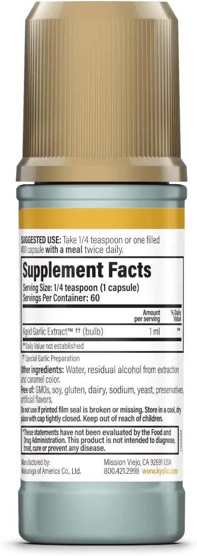 Kyolic Aged Garlic Extract Liquid Vegetarian Cardiovascular Supplement - 2oz Bottle with 60 Refillable Capsules