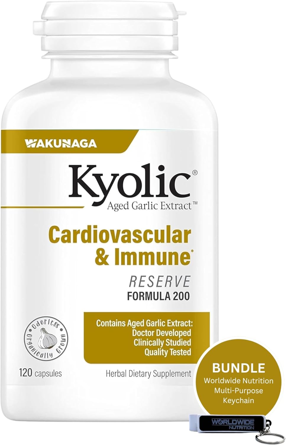 Kyolic Aged Garlic Extract Nutrition Bundle for Cardiovascular & Immune Support - Includes Reserve Formula 200 Capsules, 120 Count Capsules, and Multi-Purpose Key Chain