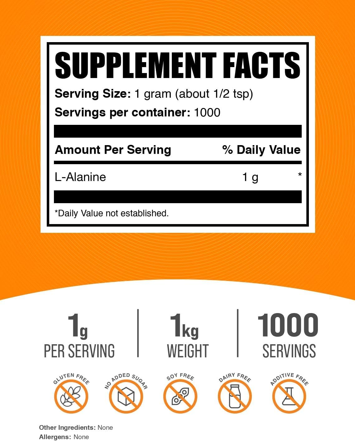 L-Alanine Powder 1000mg - Pure Amino Acid Supplement, Unflavored & Gluten Free - 1kg (2.2 lbs) Pack